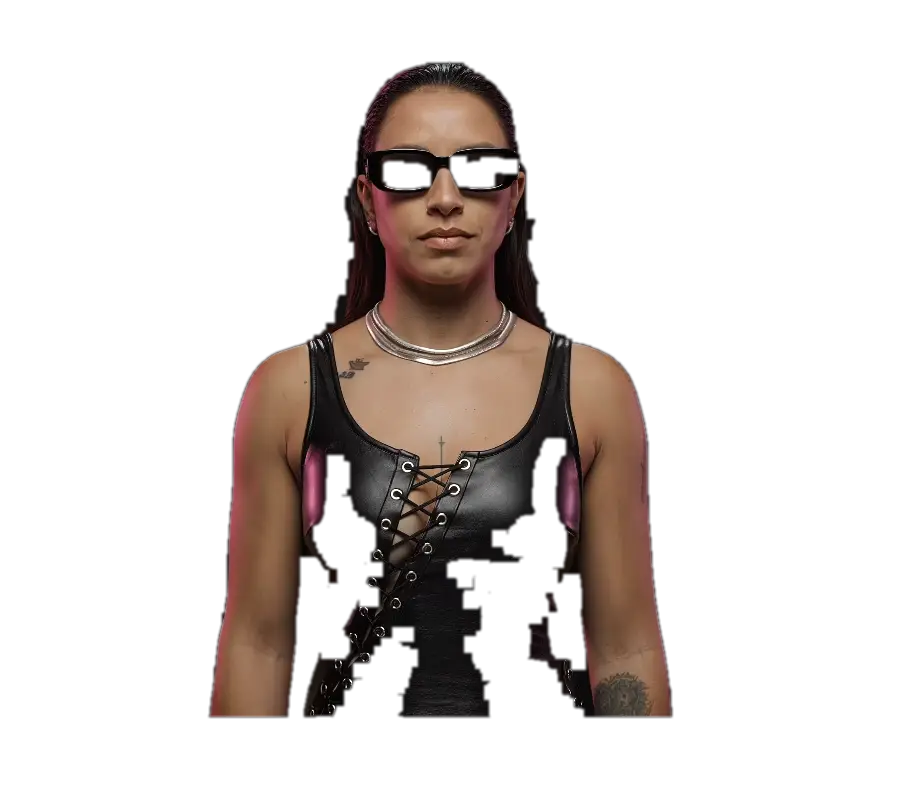 Darah wearing dark sunglasses and a black leather top